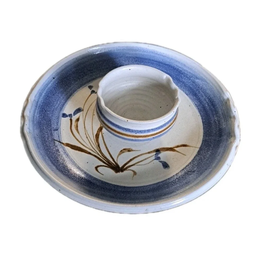 Studio Pottery Chip‎ & Dip Hand Thrown Artist Signed Blue Wildflowers 13.5
